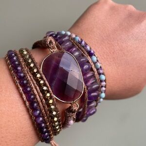 Purple and Gold Beaded Boho Wrap Bracelet